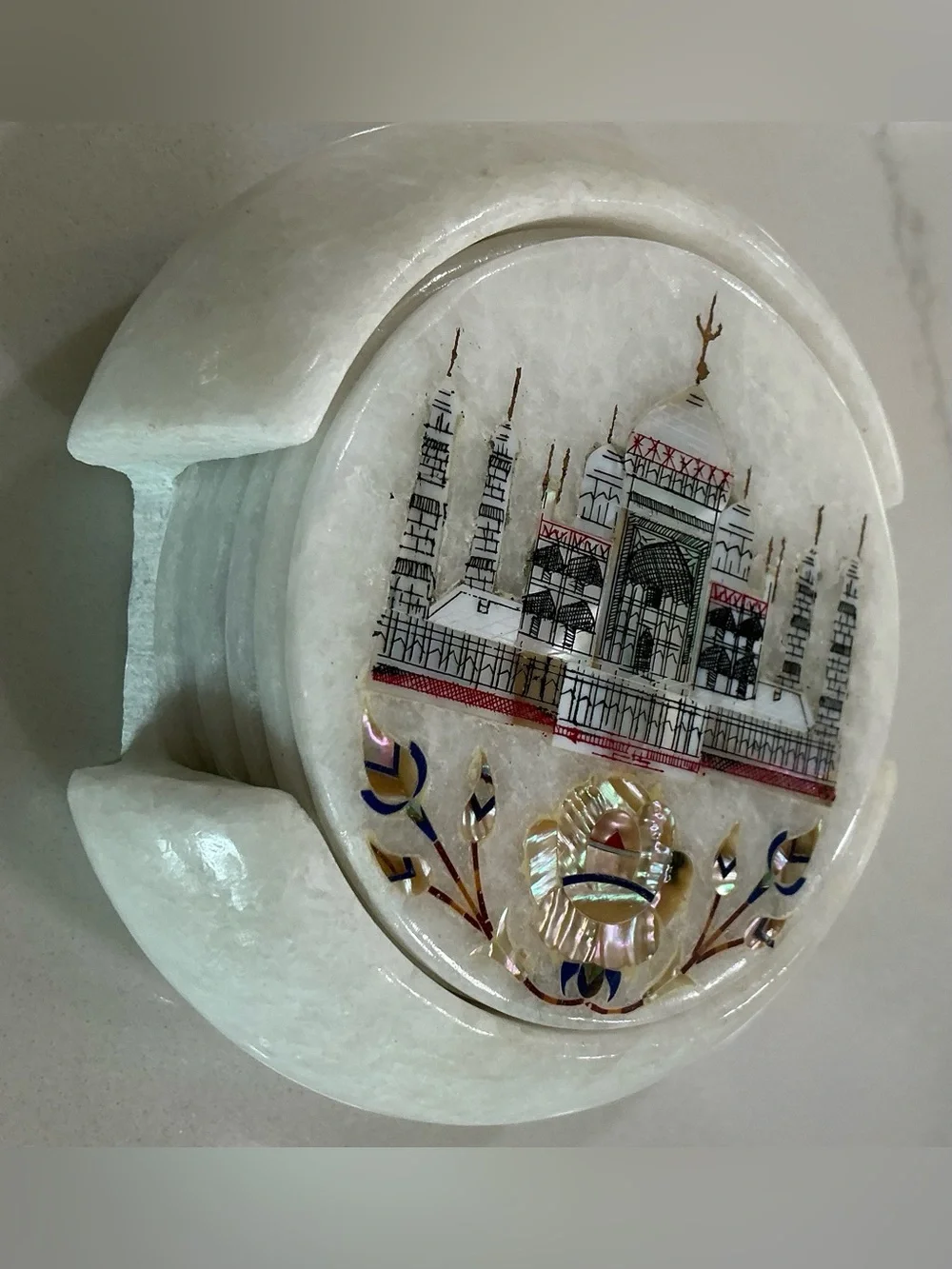 Set 6 Round Marble Tea Coaster Set Taj Mahal Art Gift-able Coaster for Eid 4.5”